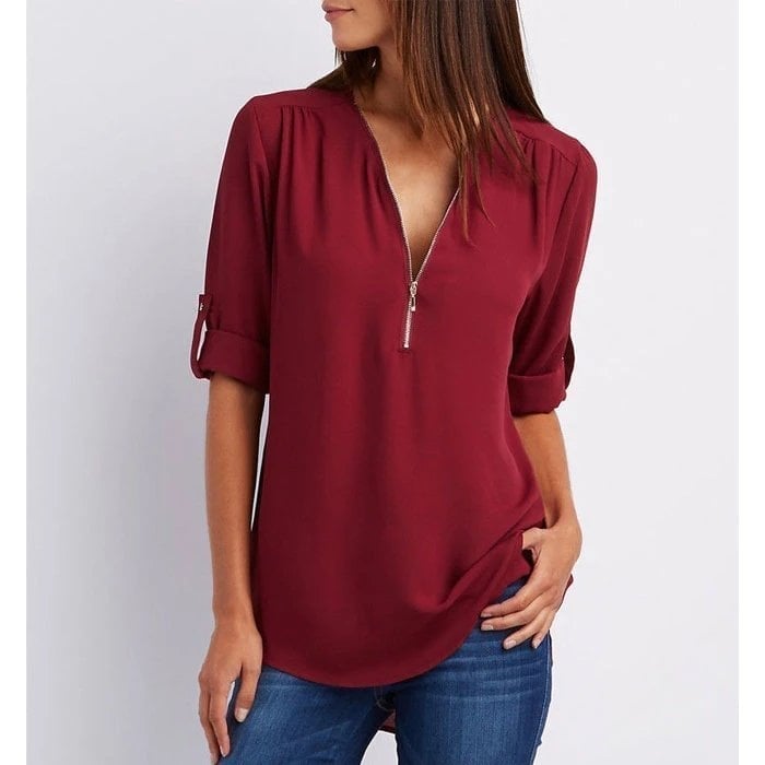 Women’s Blouse – Relaxed Fit – Cotton Blend – Half Zip – 3/4 Roll-Up Sleeves