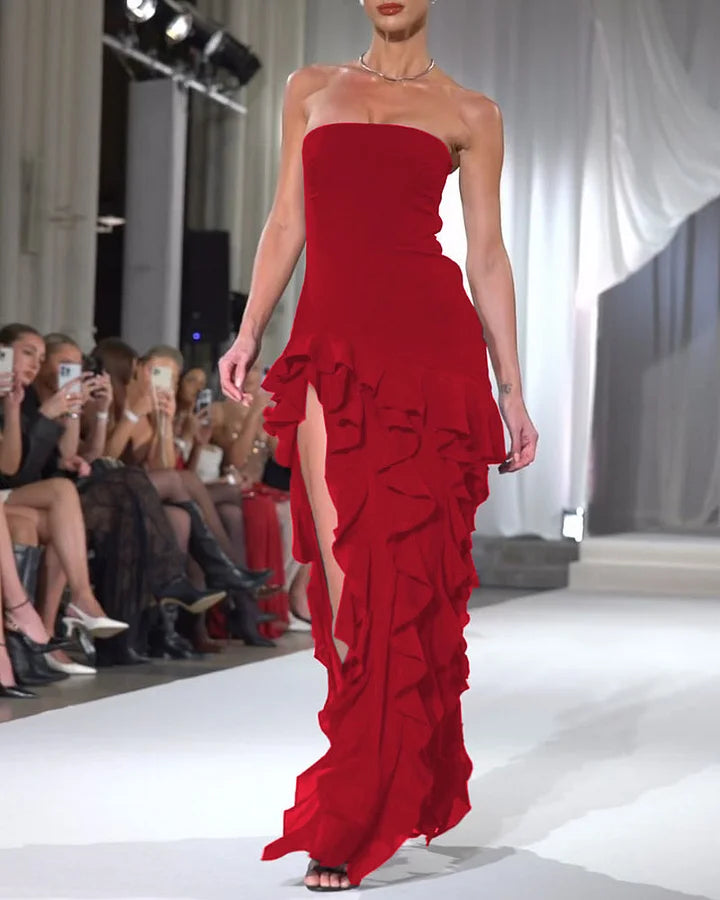 Women's Strapless Evening Dress - High-Low Ruffle Hem - Elegant Formal Wear