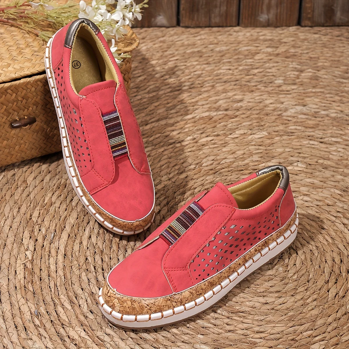 Women’s Slip-On Shoes – Breathable Perforated Upper – Orthotic Support – Cork Sole