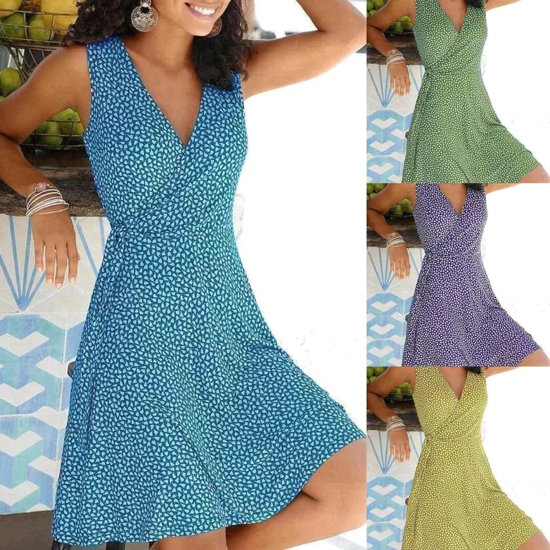 Women's Wrap Dress - Sleeveless V-Neck - A-Line Flowy Short Length Casual Wear