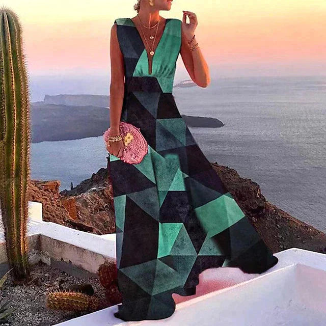 Women’s Maxi Dress – Flowy Fit – Deep V-Neck – Sleeveless – Breathable Blend – Floral Print