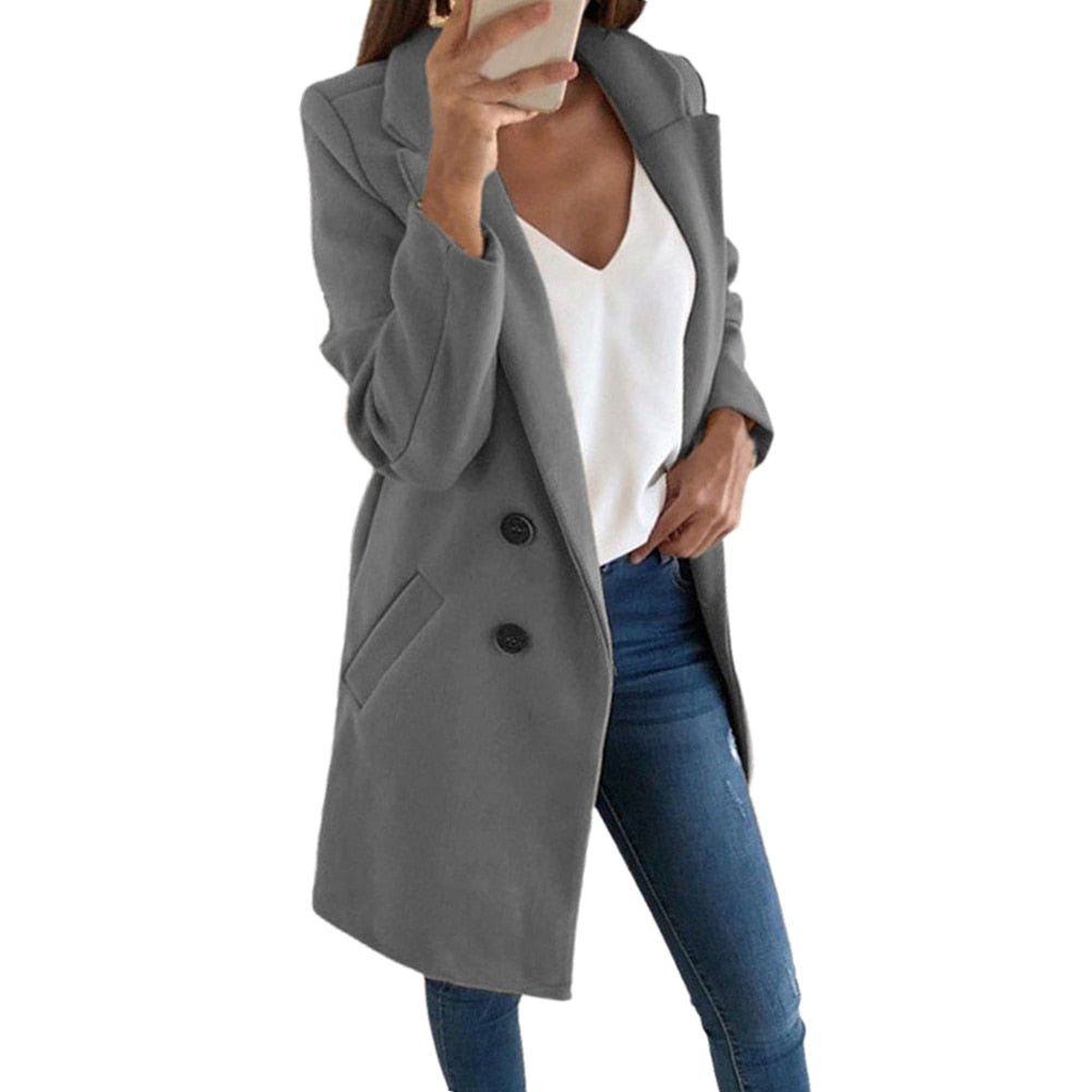 Women’s Blazer Coat – Tailored Fit – Wool Blend – Double-Breasted – Knee Length
