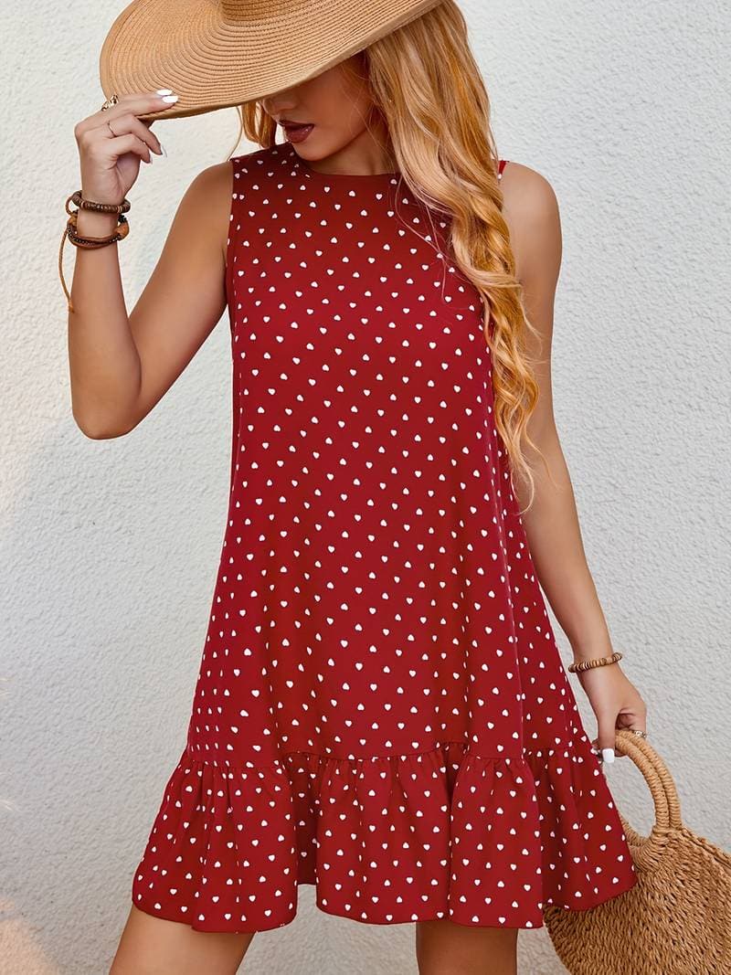 Women's Sleeveless Mini Dress - A-Line Fit - Polka Dot - Ruffled Hem Casual Wear