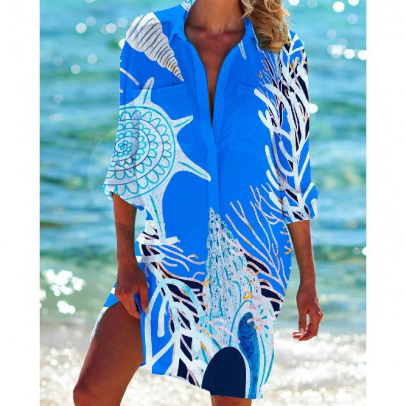 Women’s Tunic Cover-Up – Relaxed Fit – Breathable Blend – Button Front – Mid-Thigh Length