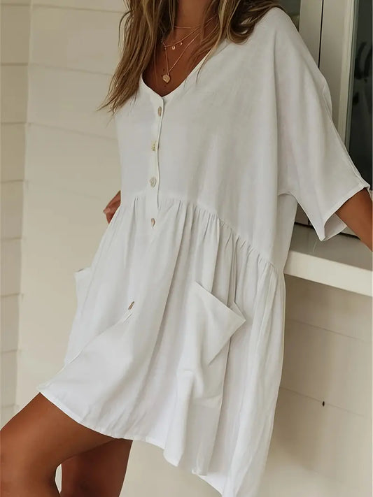 Women's Casual Dress - A-Line Babydoll Fit - V-Neck Button Front - Short Sleeve with Pockets