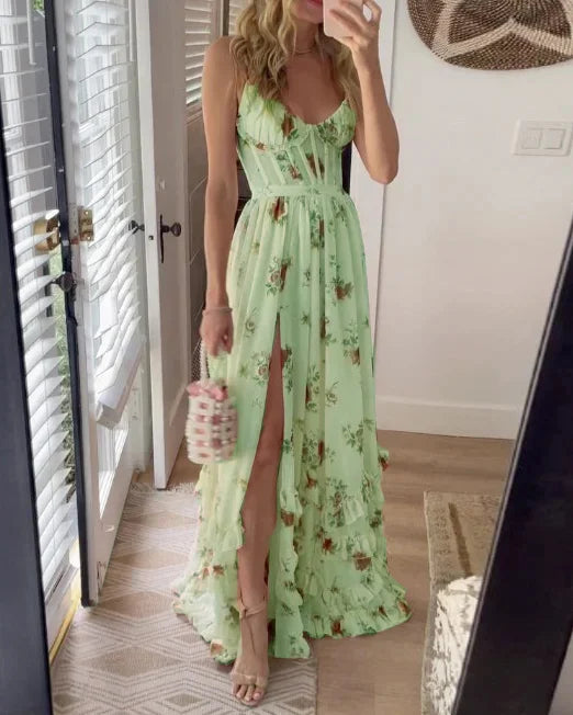 Women's Maxi Dress - Floral Print - V-Neck - Spaghetti Straps - Cinched Waist - Front Slit