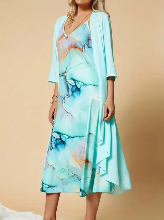 Women's Midi Dress - Sleeveless V-Neck - Flowing Silhouette - Lightweight Cardigan