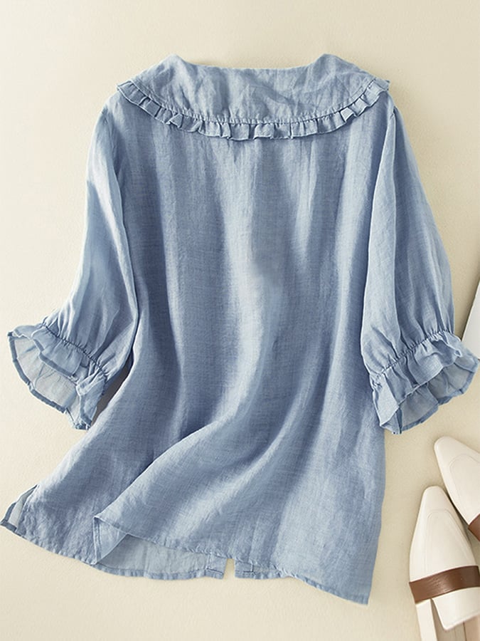 Women’s Blouse – Cotton Linen Blend – Loose Fit – Ruffle Collar – 3/4 Sleeve