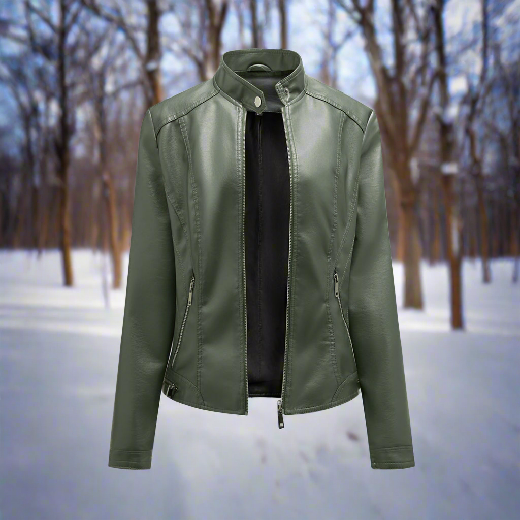Women’s Biker Jacket – Leather – Slim Fit – Stand Collar – Zipper Pockets