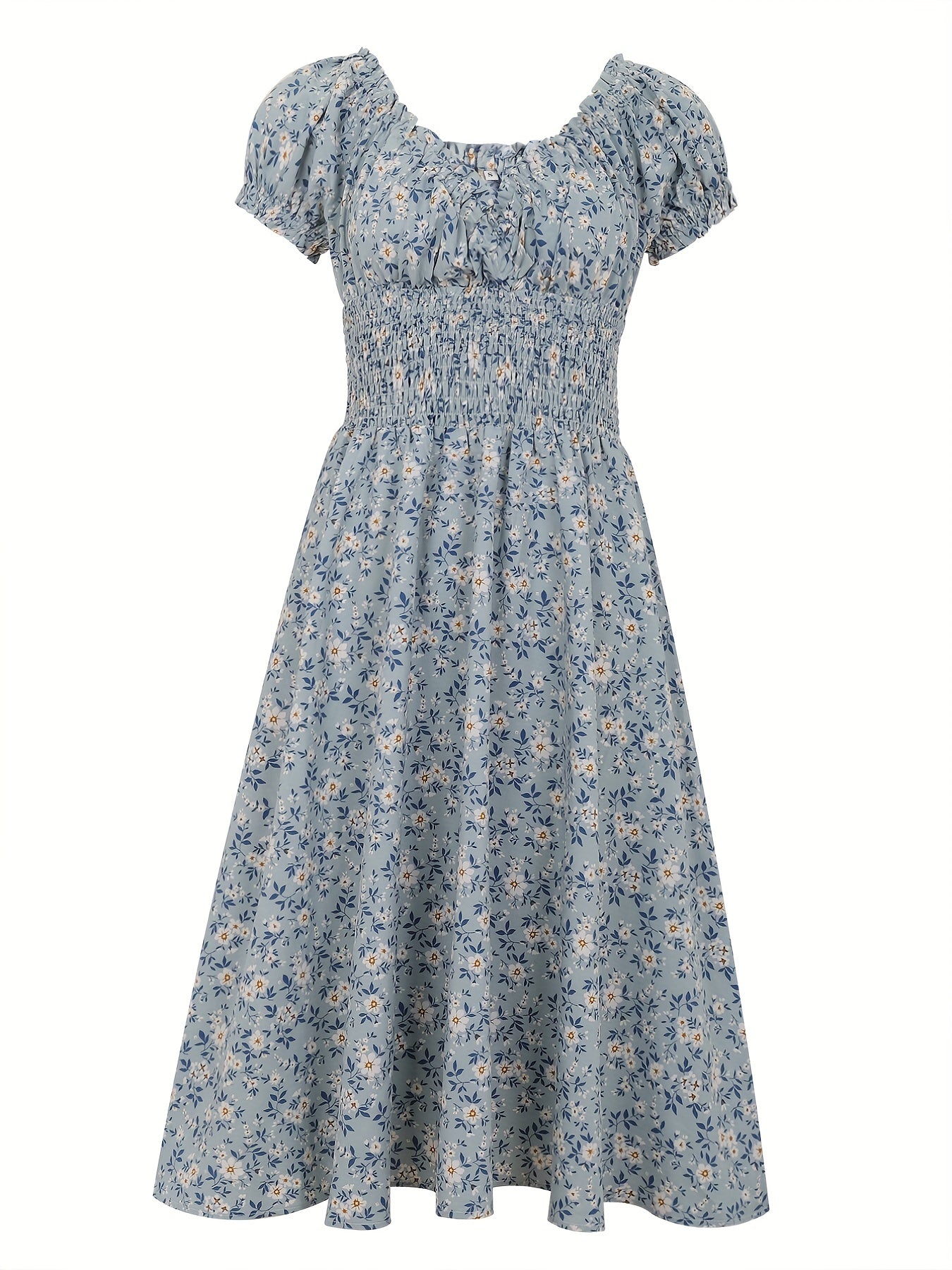 Women's Midi Dress - Smocked Bodice - Puff Sleeve - Sweetheart Neckline - A-Line Fit