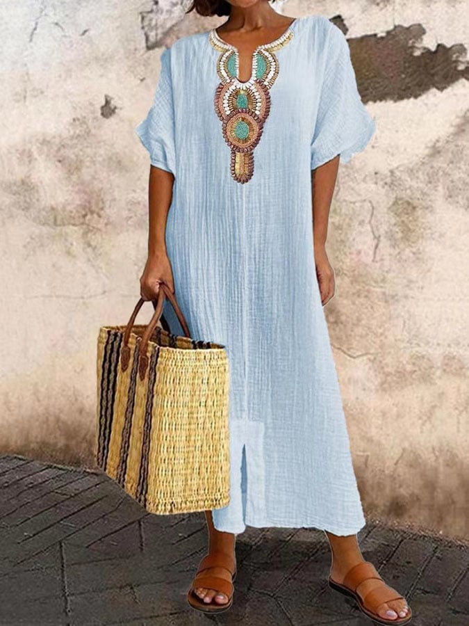 Women’s Kaftan Dress – Relaxed Fit – Embroidered Neckline – Breathable Blend – Full Length