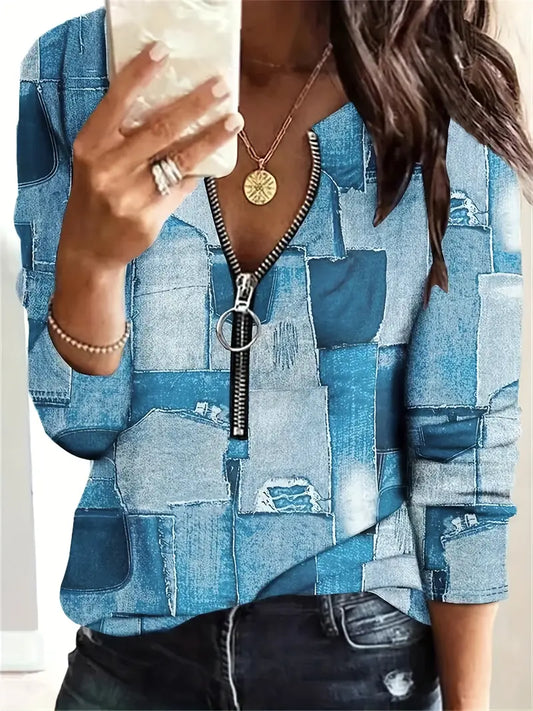 Women's Denim Patchwork Top – Front Zip Closure – Long Sleeve Casual Fashion