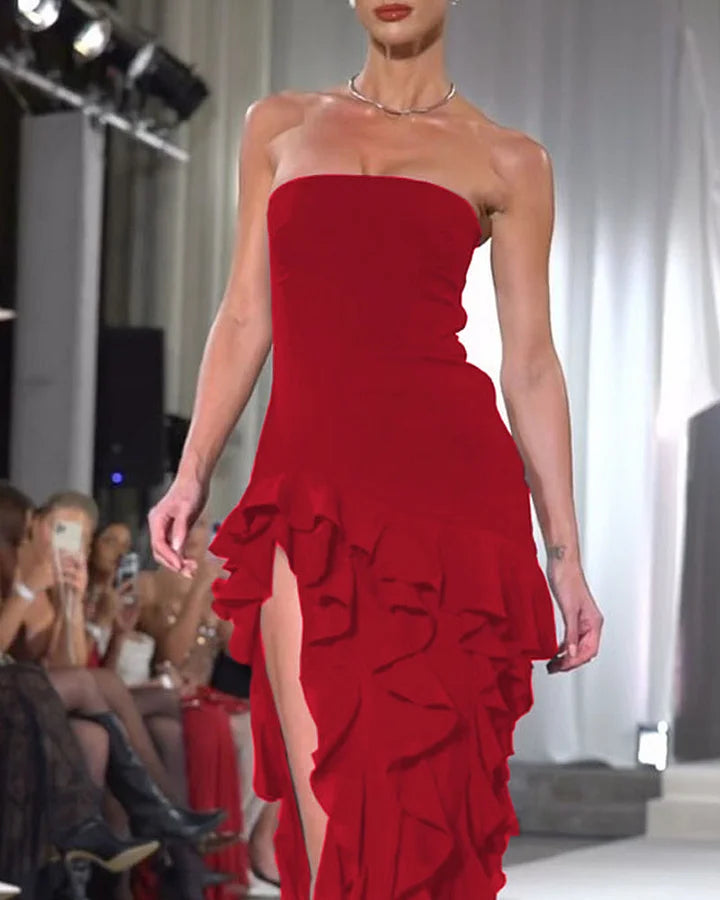 Women's Strapless Evening Dress - High-Low Ruffle Hem - Elegant Formal Wear