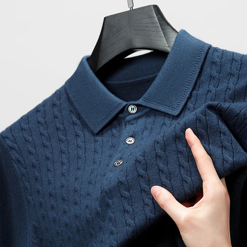 Arthur Cable Knit Collared Polo Sweater | Button Front Ribbed Cuffs Polo Sweater