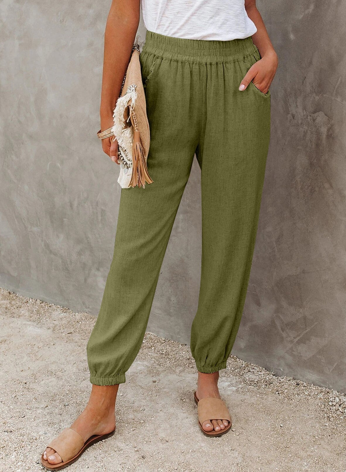 Women’s Tapered Pants – Relaxed Fit – Elastic Waist – Lightweight Cotton – Full Length