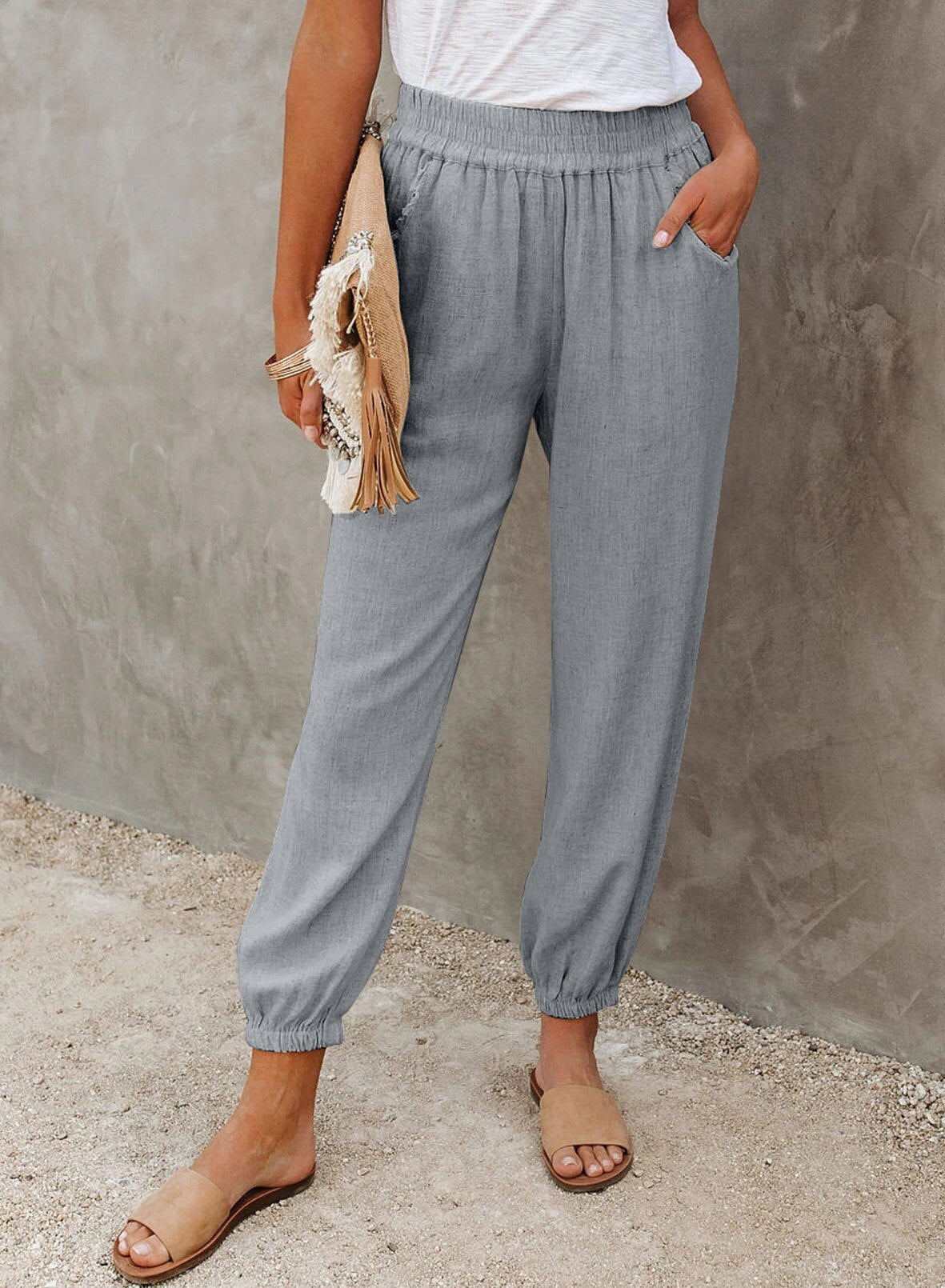 Women’s Tapered Pants – Relaxed Fit – Elastic Waist – Lightweight Cotton – Full Length
