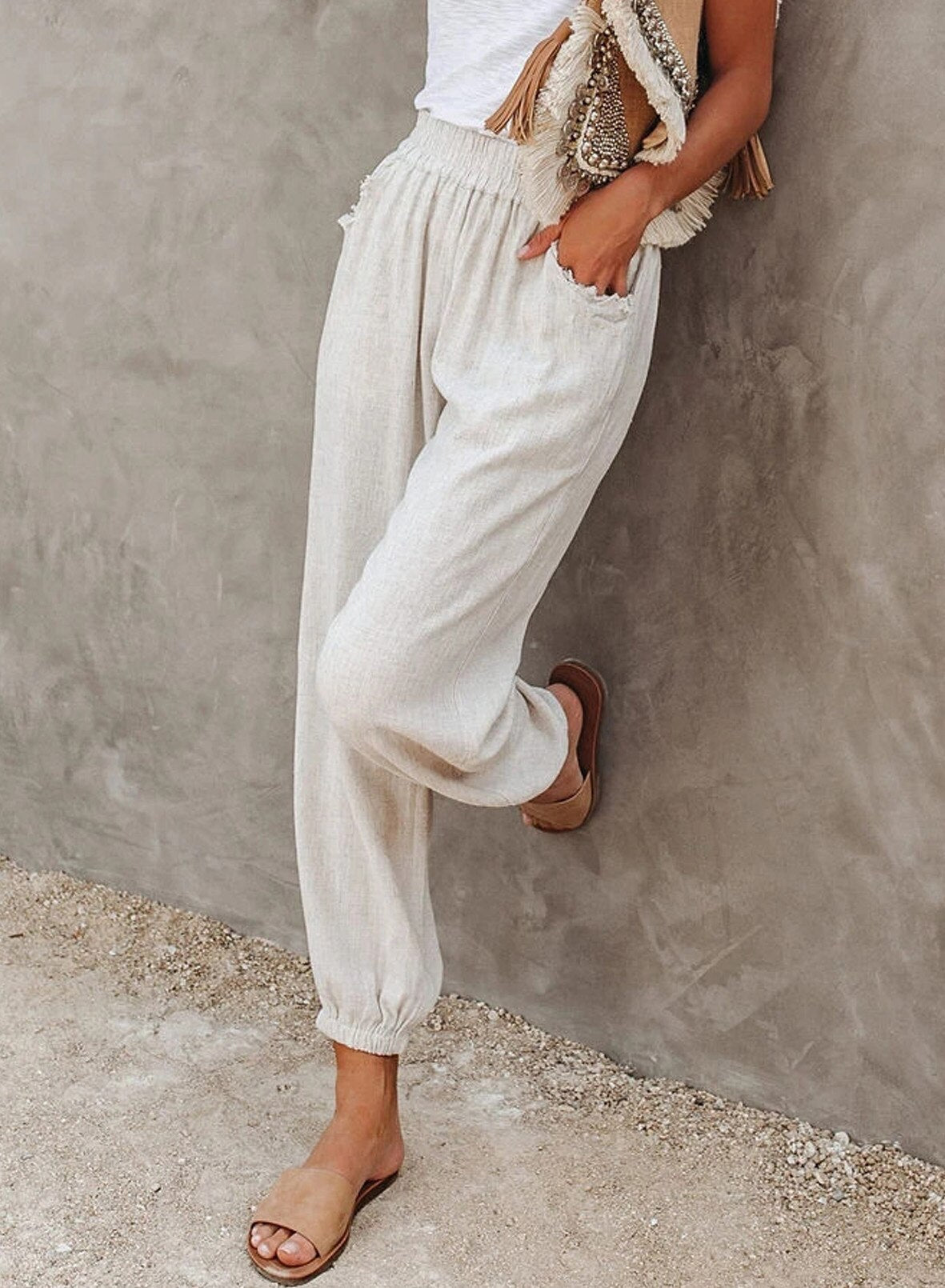 Women’s Tapered Pants – Relaxed Fit – Elastic Waist – Lightweight Cotton – Full Length