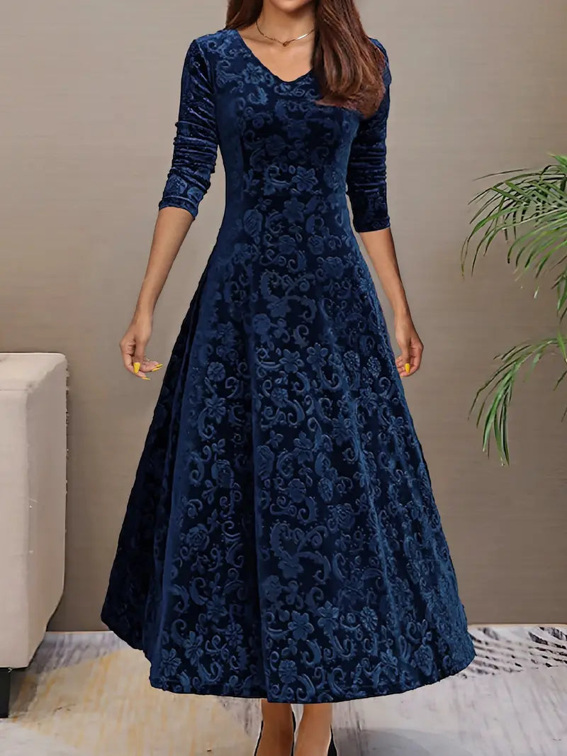 Women’s A-line Dress – Elegant Fit – Velvet Feel – Floral Texture – Floor Length – V-Neck – Long Sleeve
