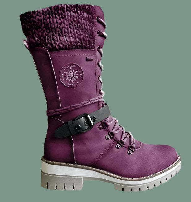Women’s Mid-Calf Boots – Leather-Like Finish – Knit Trim – Lace-Up Zip – Non-Slip Sole