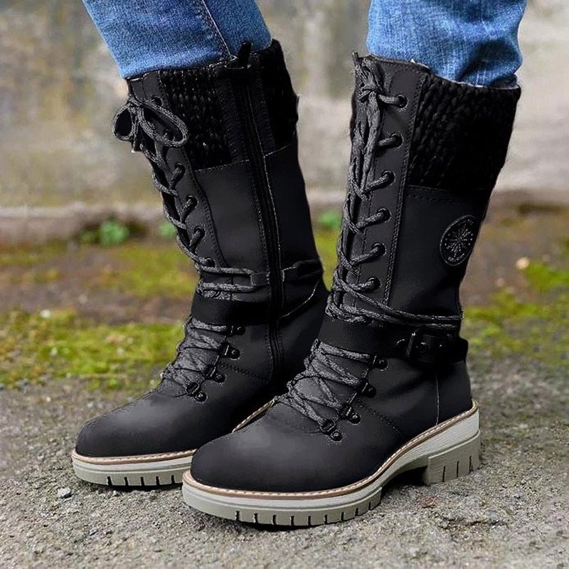 Women’s Mid-Calf Boots – Leather-Like Finish – Knit Trim – Lace-Up Zip – Non-Slip Sole