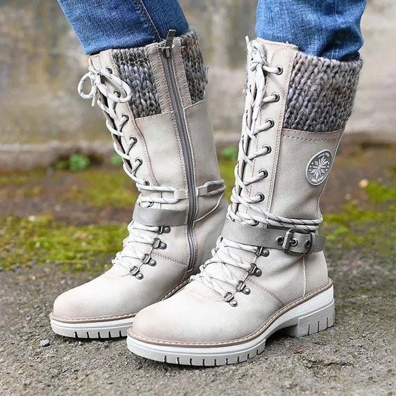 Women’s Mid-Calf Boots – Leather-Like Finish – Knit Trim – Lace-Up Zip – Non-Slip Sole