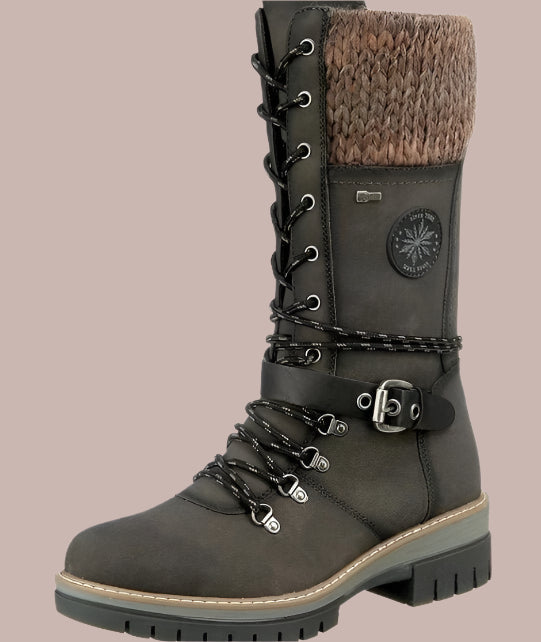 Women’s Mid-Calf Boots – Leather-Like Finish – Knit Trim – Lace-Up Zip – Non-Slip Sole