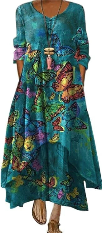 Women's Maxi Dress - Bohemian Style - Long Sleeve - Lightweight Flowing Fabric - Floral Print