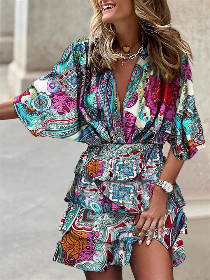 Women's Floral Dress - Short Flowy Design - Deep V-Neck - Ruffled Skirt - Relaxed Fit