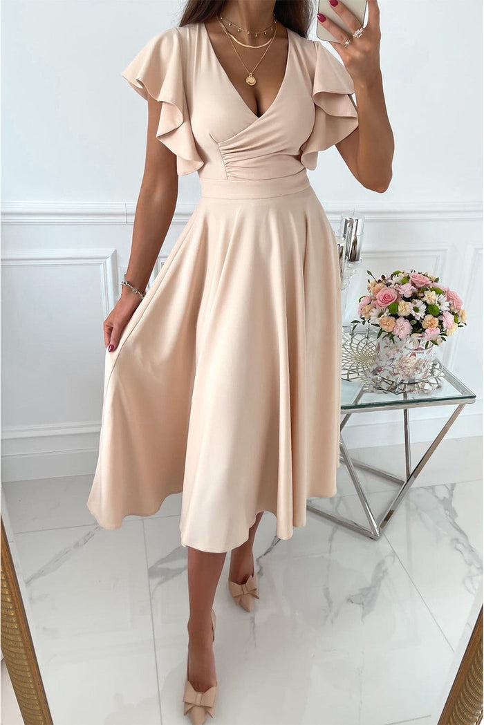 Women's Midi Dress - A-Line Silhouette - Draped V-Neck - Short Ruffled Sleeves - Fitted Waist