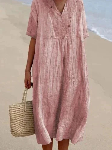 Women's Midi Dress - Loose Fit - V-Neck Short Sleeve - Lightweight Casual Wear