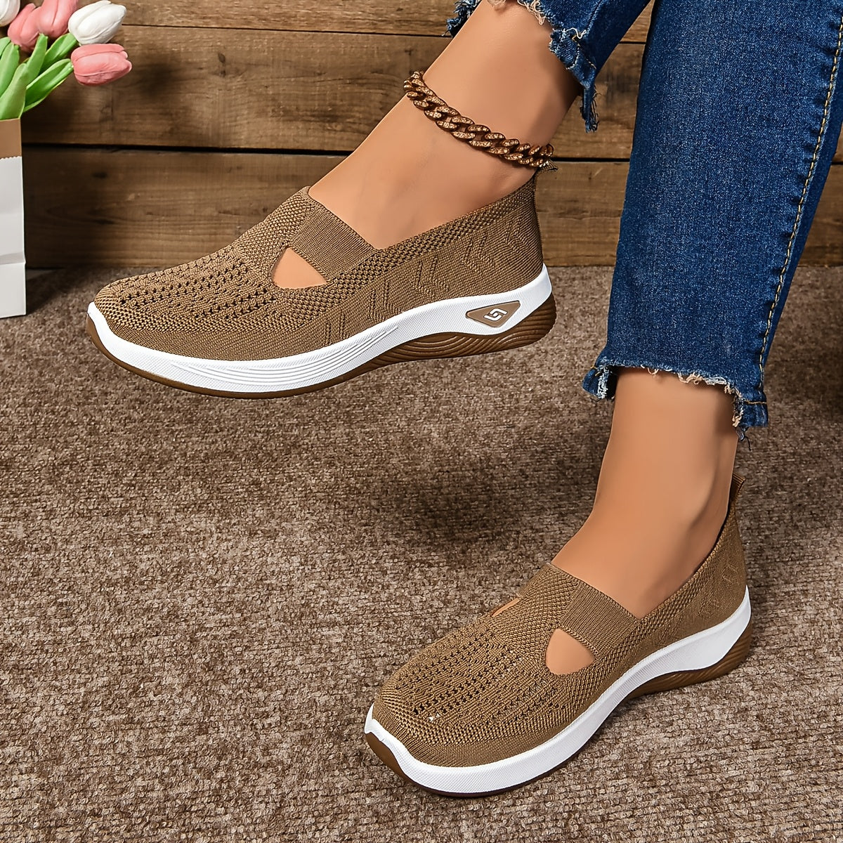 Women’s Slip-On Sneakers – Breathable Knit – Cushioned Sole – Low-Cut Flexible Fit