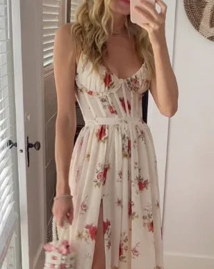Women's Maxi Dress - Floral Print - V-Neck - Spaghetti Straps - Cinched Waist - Front Slit