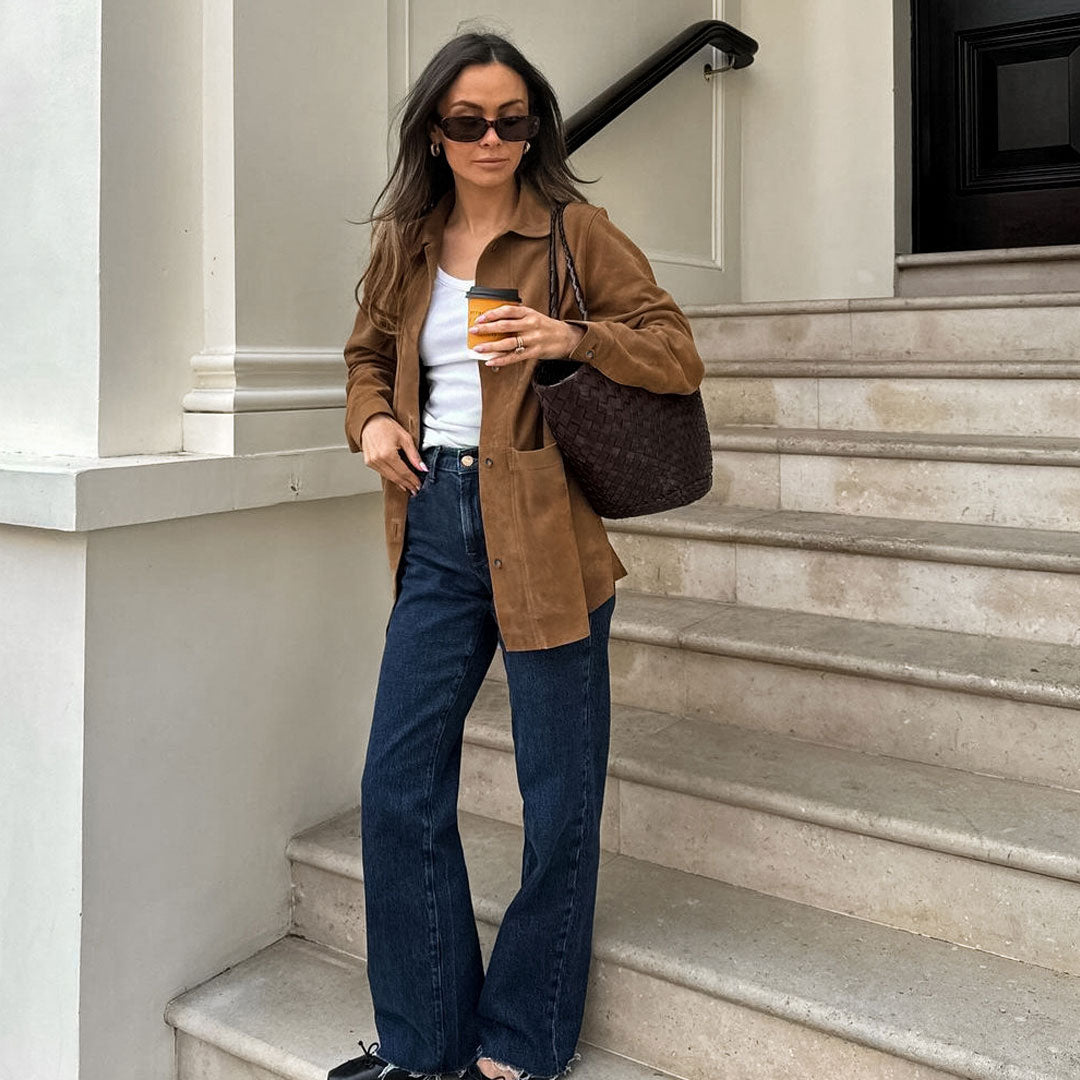 Women’s Shirt Jacket – Relaxed Fit – Suede-Like Fabric – Long Sleeve – Button Front