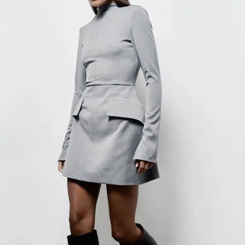 Women's Bodycon Mini Dress - Long Sleeve - High Neck - Figure-Hugging Elegant Fit
