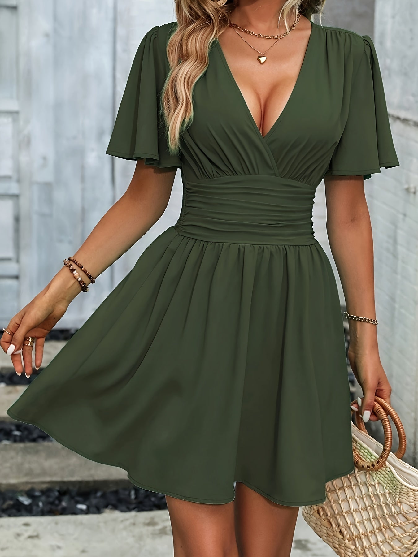 Women’s Mini Dress – Fit-and-Flare – Deep V-Neck – Gathered Waist – Flared Sleeves – Midi Length