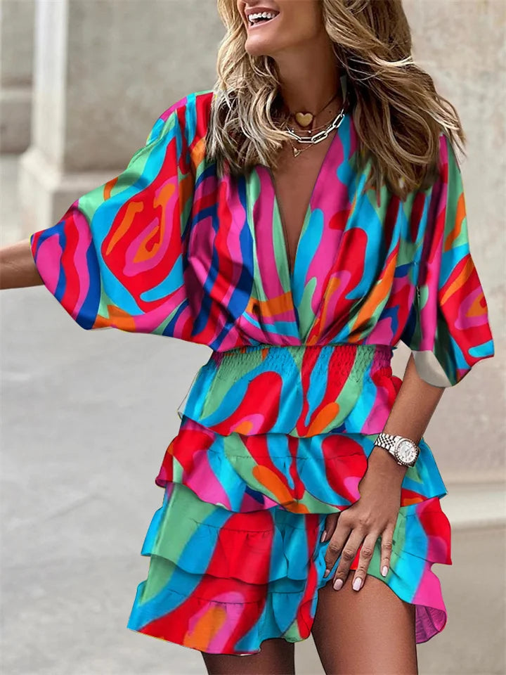 Women's Floral Dress - Short Flowy Design - Deep V-Neck - Ruffled Skirt - Relaxed Fit
