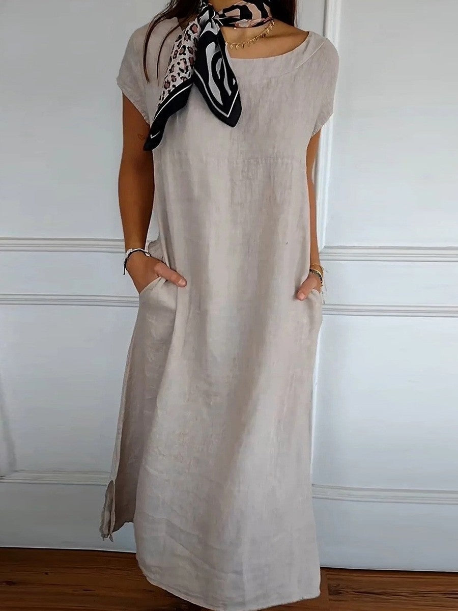 Women’s Midi Dress – Relaxed Fit – Short Sleeve – Round Neck – Breathable Blend