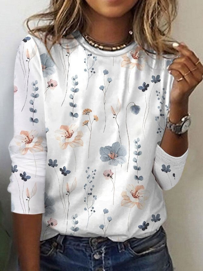 Women’s Blouse – Floral Print – Relaxed Fit – Crew Neck – Long Sleeve – Cotton