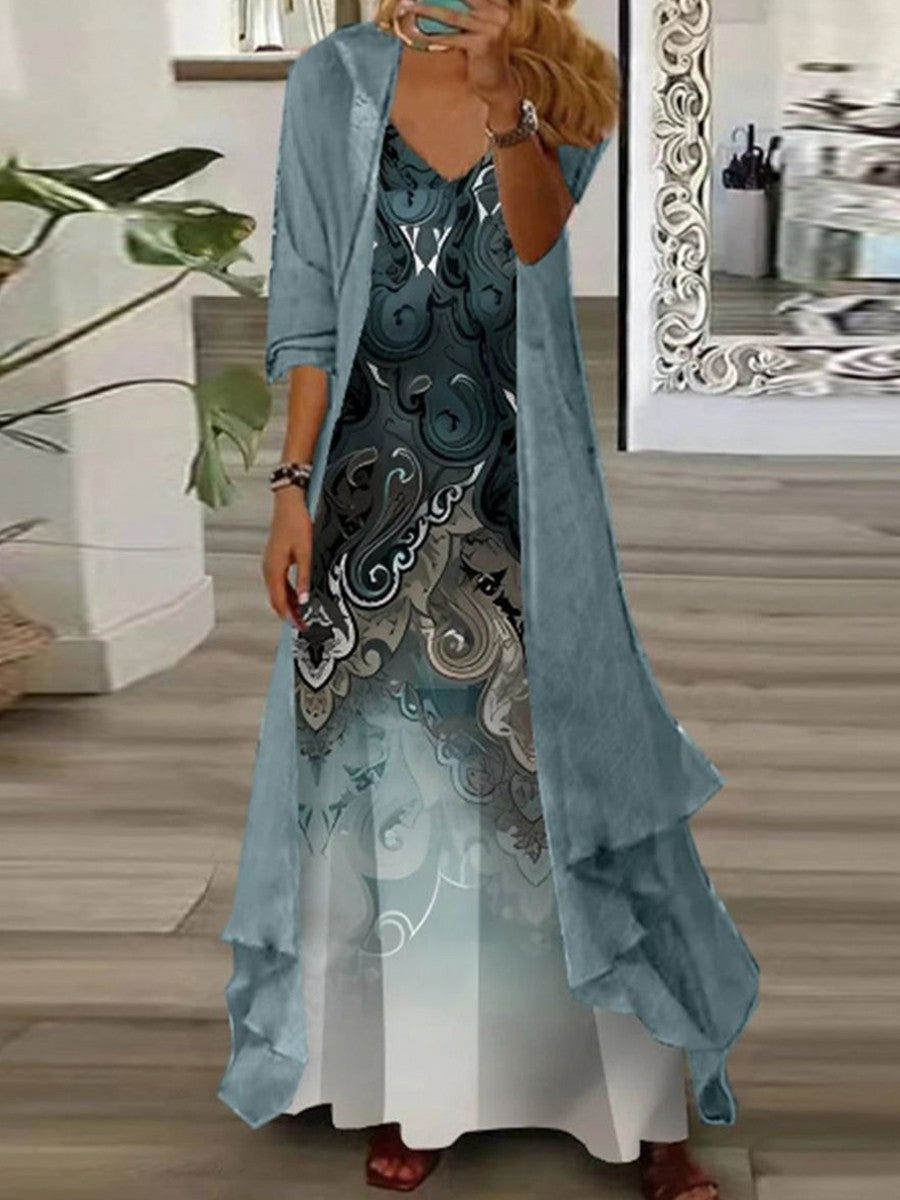 Women’s Maxi Dress Set – Relaxed Fit – V-Neck – Printed – Breathable Blend – Layered Look