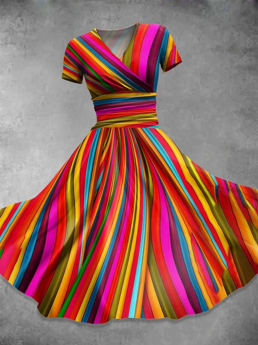 Women’s Casual Dress – Breathable Blend – V-Neck Wrap – Stripe Print – Midi Length