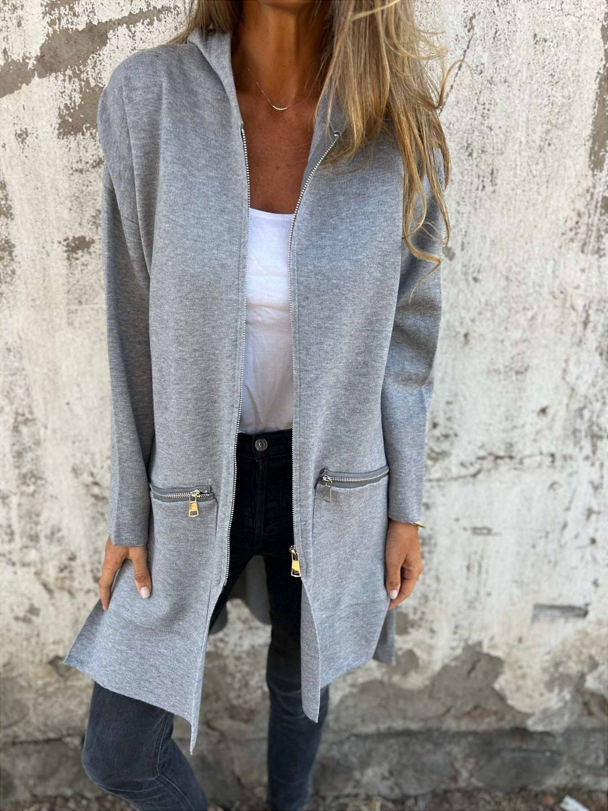 Women’s Hooded Jacket – Oversized Fit – Knee Length – Soft Touch – Zip Pockets