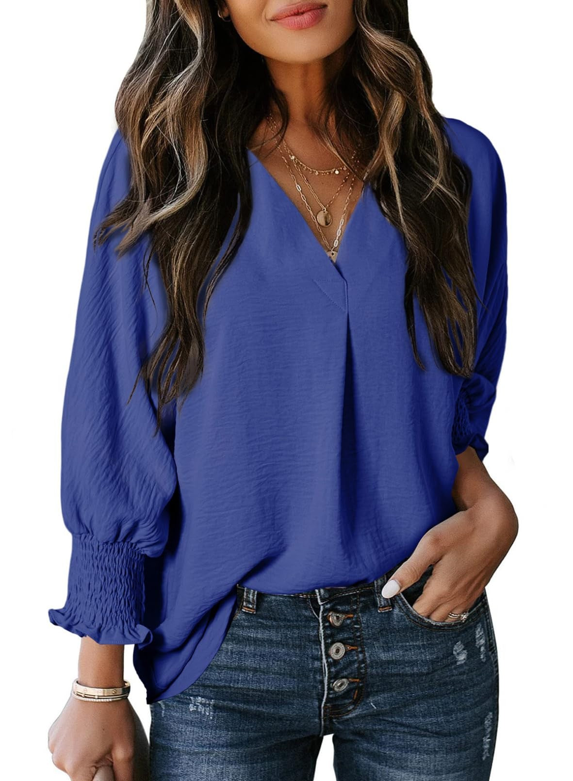 Women’s V-Neck T-Shirt – Loose Fit – Soft Knit – 3/4 Sleeve with Gathered Cuffs