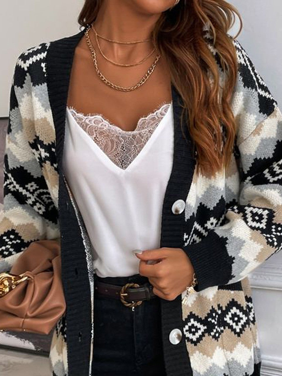 Women’s Sweater Coat – Soft Knit – Oversized Fit – Ethnic Geometric Pattern – Button Front