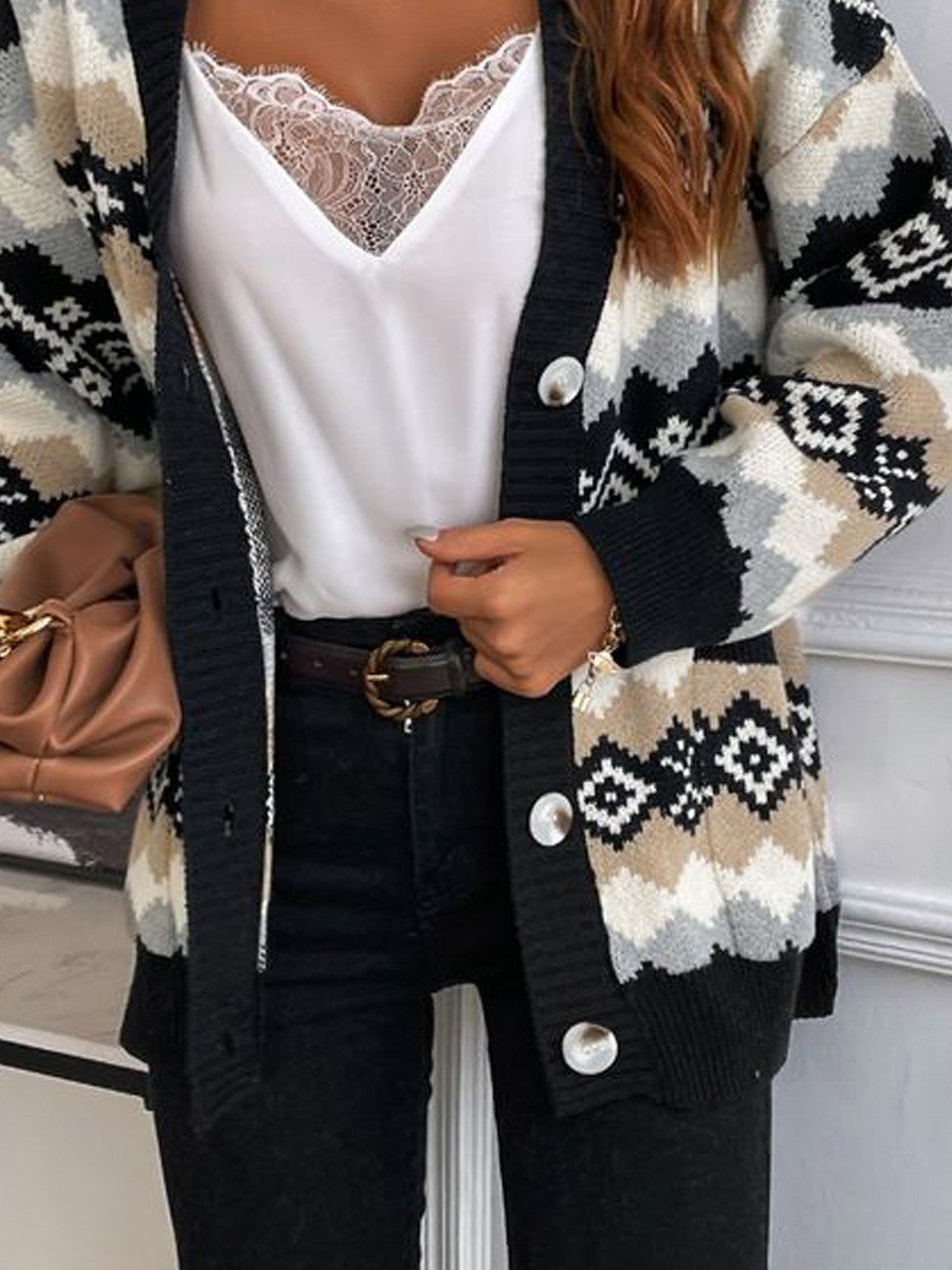Women’s Sweater Coat – Soft Knit – Oversized Fit – Ethnic Geometric Pattern – Button Front