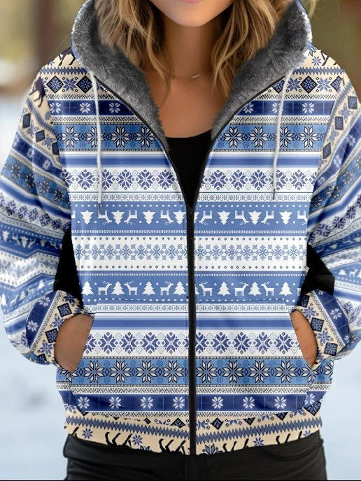 Women’s Jacket – Loose Fit – Faux Fur Lined – Ethnic Pattern – Hooded – Zip Front