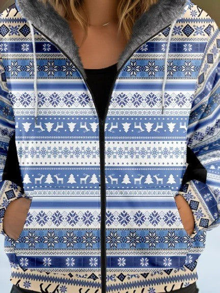 Women’s Jacket – Loose Fit – Faux Fur Lined – Ethnic Pattern – Hooded – Zip Front