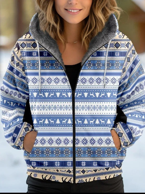 Women’s Jacket – Loose Fit – Faux Fur Lined – Ethnic Pattern – Hooded – Zip Front