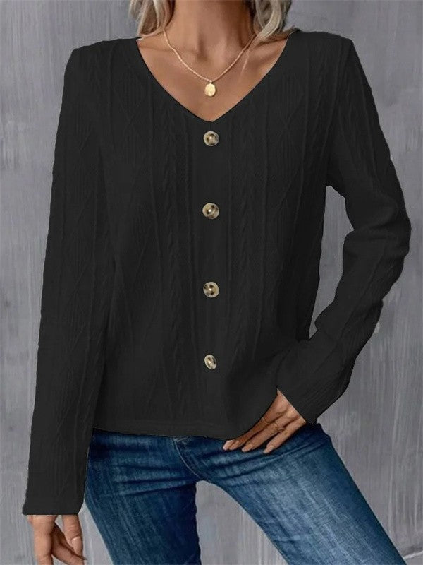 Women’s Long Sleeve Shirt – V-Neck – Knit Fabric – Regular Fit – Cable Knit – Button Front