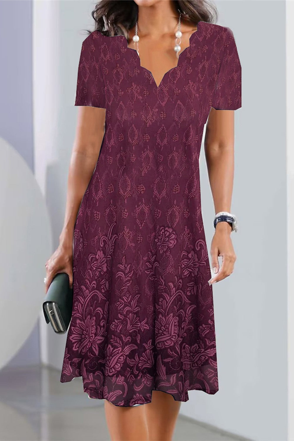 Women’s Midi Dress – A-Line Fit – Scalloped Neck – Cotton Blend – Short Sleeve – Patterned Design
