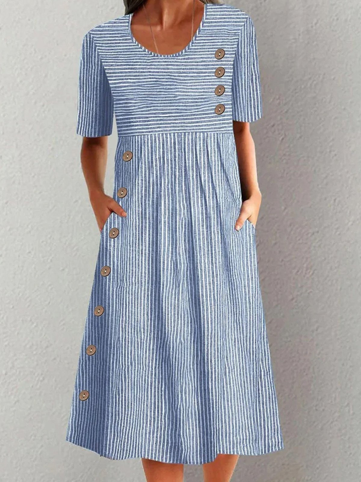 Women’s Midi Dress – Relaxed Fit – A-Line Silhouette – Striped – Breathable Blend – Pockets
